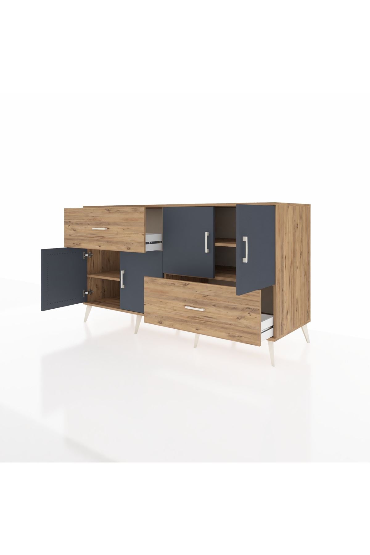 Kronos Konsol 3 Raflı 2 Çekmeceli 4 Kapaklı 176x59x99 Çam-Antrasit/Çam