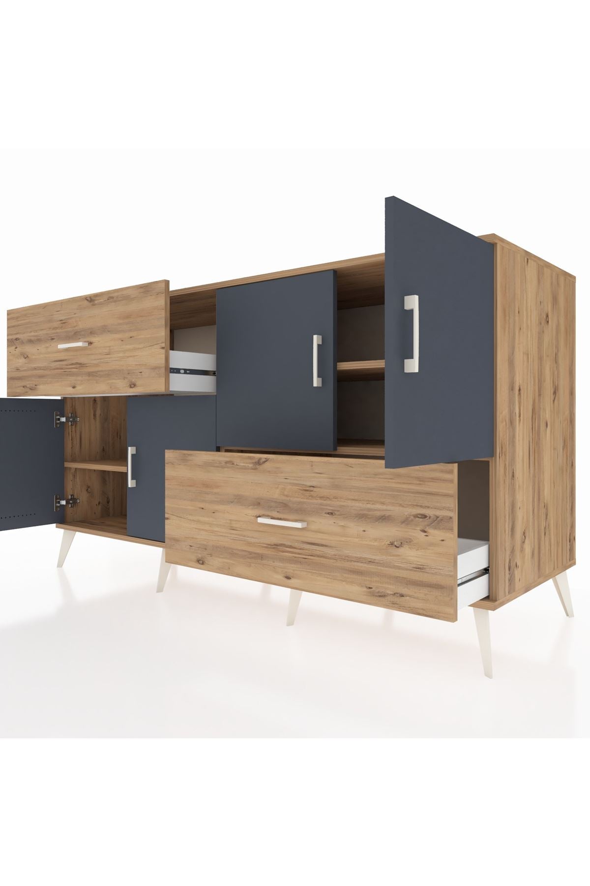 Kronos Konsol 3 Raflı 2 Çekmeceli 4 Kapaklı 176x59x99 Çam-Antrasit/Çam