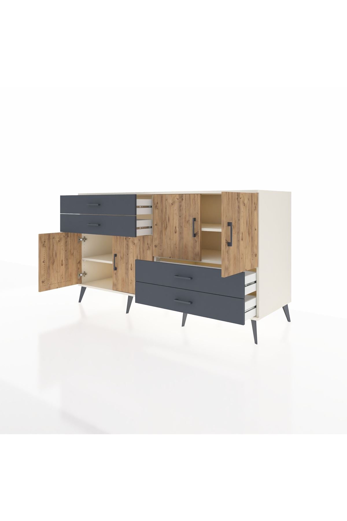 Kronos Konsol 3 Raflı 4 Çekmeceli 4 Kapaklı 176x59x99 Aytaşı-Çam/Antrasit