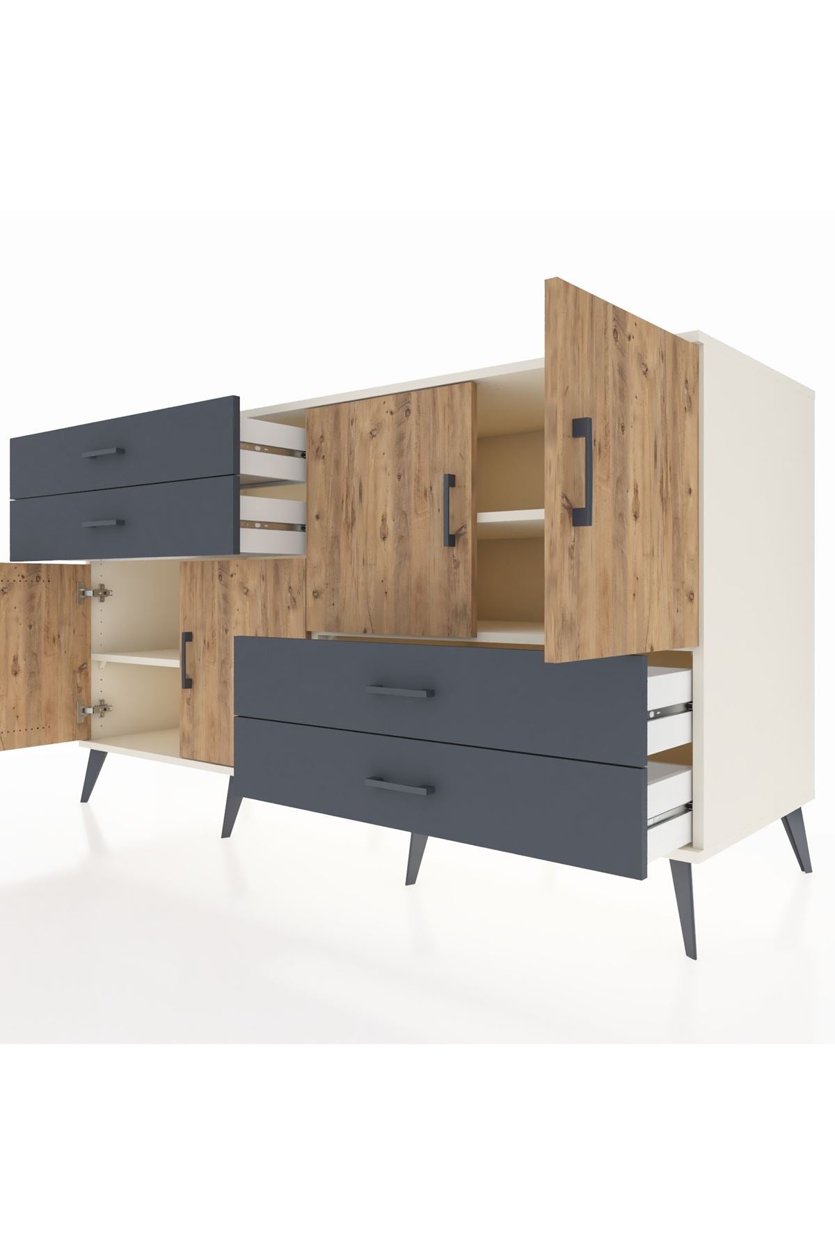 Kronos Konsol 3 Raflı 4 Çekmeceli 4 Kapaklı 176x59x99 Aytaşı-Çam/Antrasit