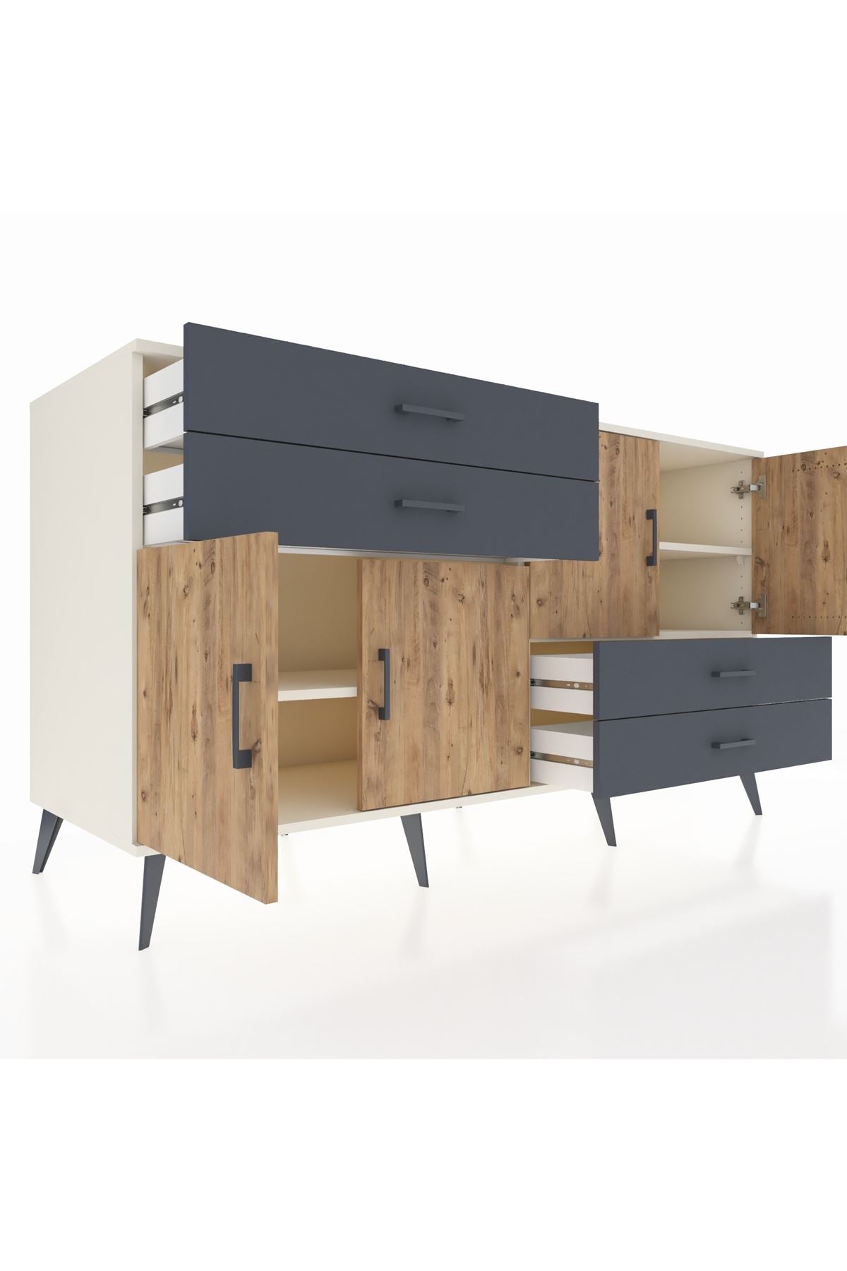 Kronos Konsol 3 Raflı 4 Çekmeceli 4 Kapaklı 176x59x99 Aytaşı-Çam/Antrasit