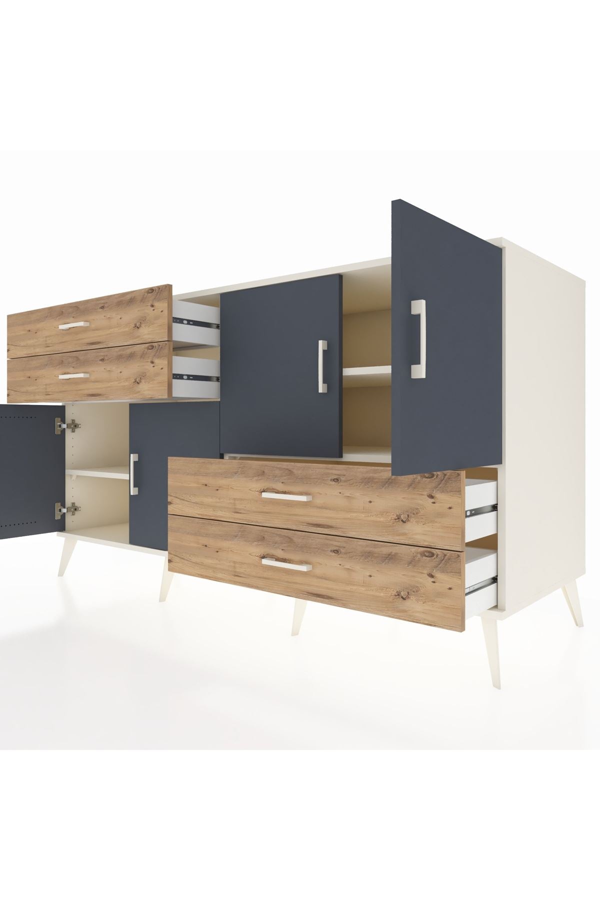 Kronos Konsol 3 Raflı 4 Çekmeceli 4 Kapaklı 176x59x99 Aytaşı-Antrasit/Çam