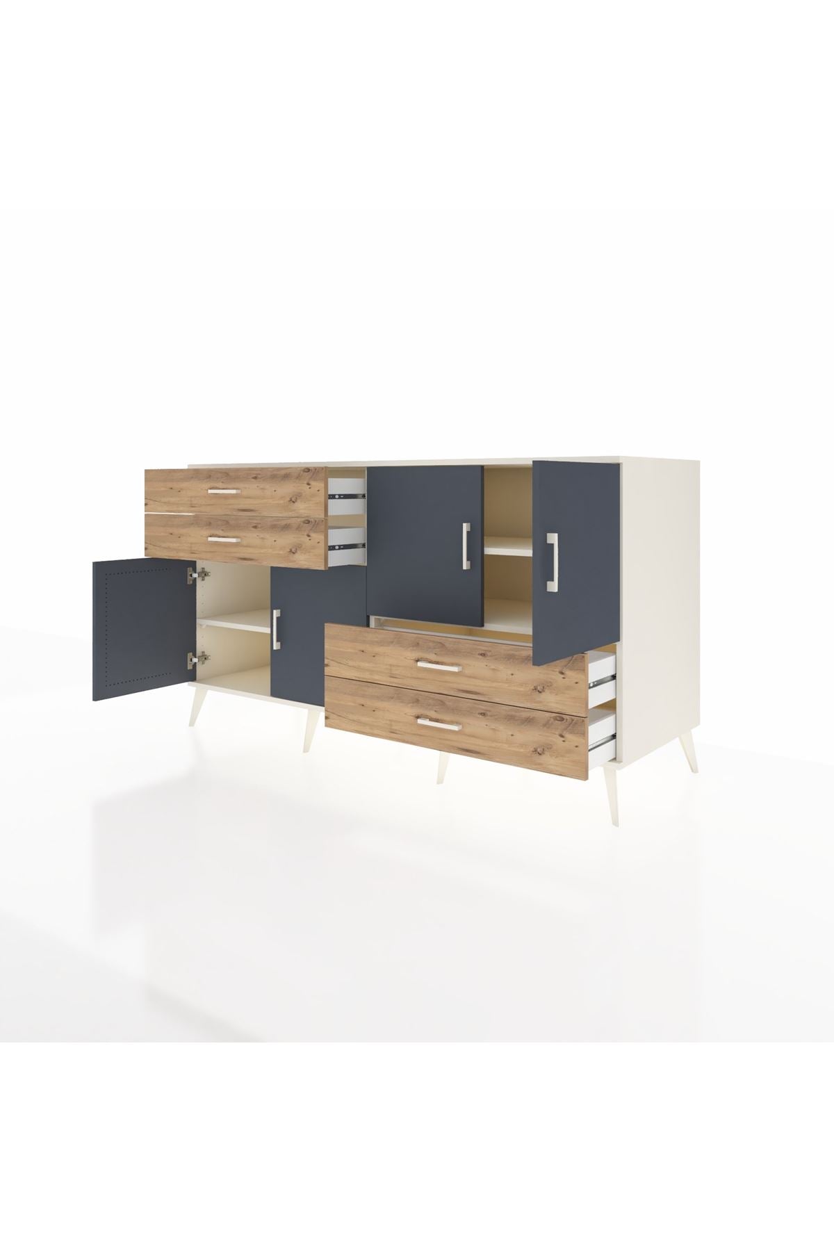 Kronos Konsol 3 Raflı 4 Çekmeceli 4 Kapaklı 176x59x99 Aytaşı-Antrasit/Çam