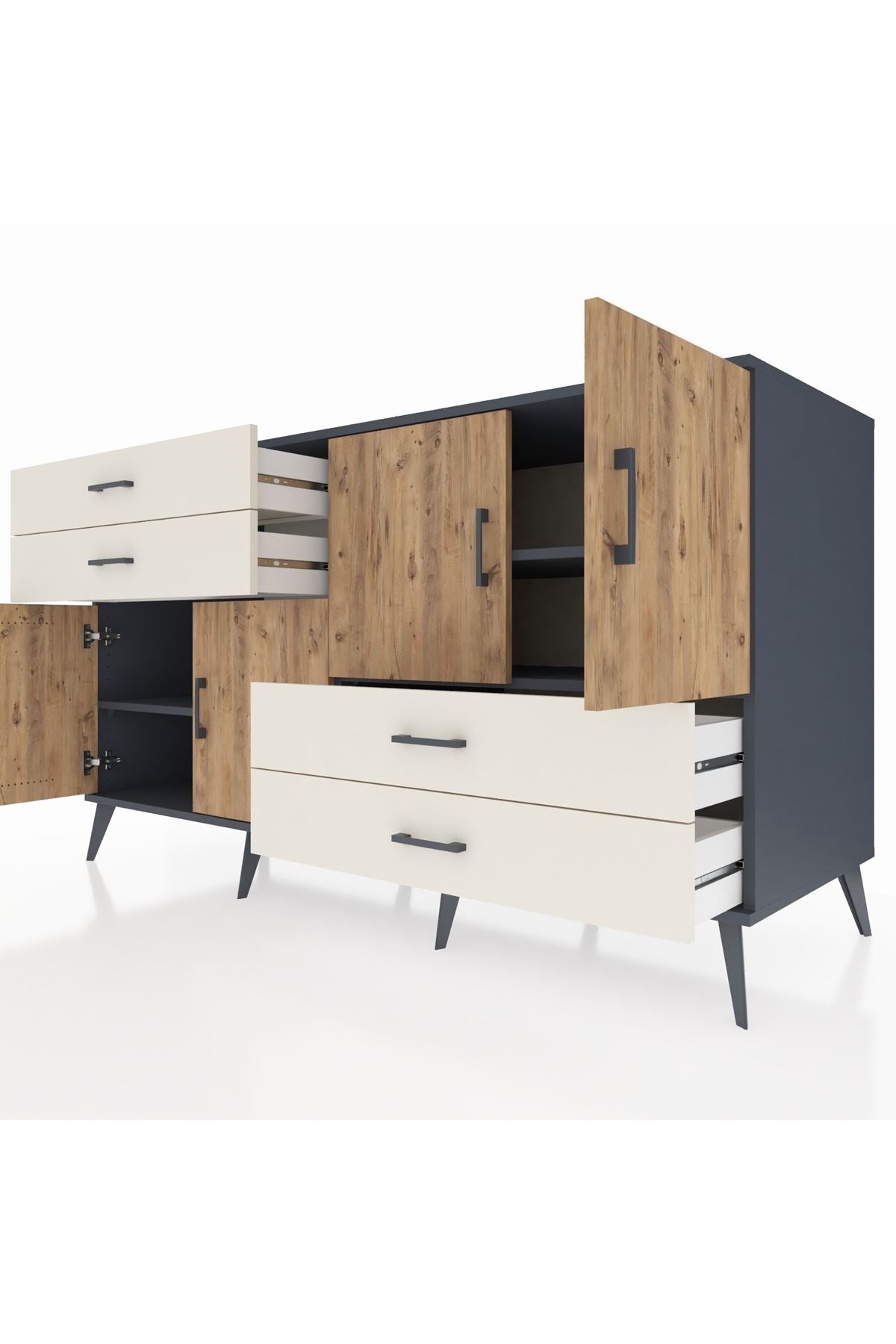 Kronos Konsol 3 Raflı 4 Çekmeceli 4 Kapaklı 176x59x99 Antrasit-Çam/Aytaşı