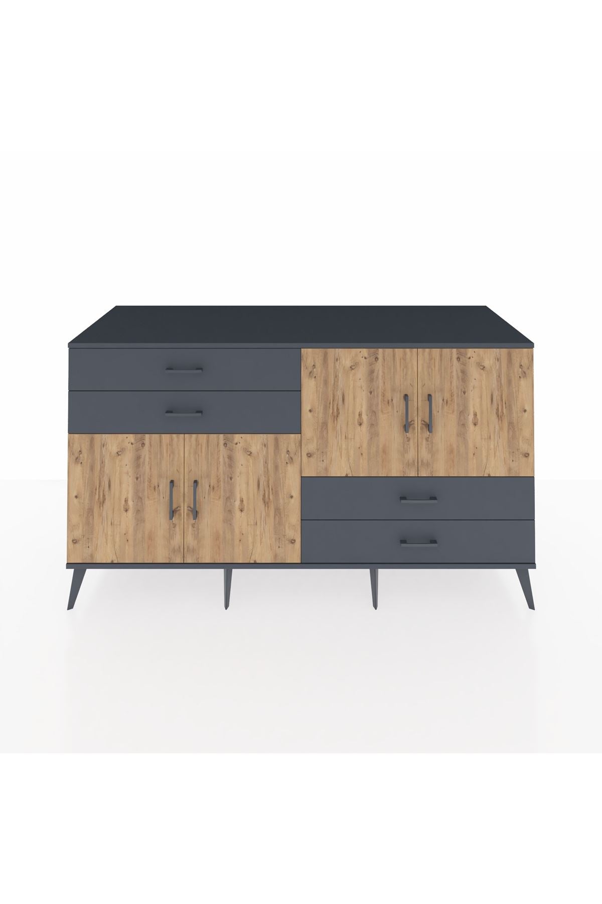 Kronos Konsol 3 Raflı 4 Çekmeceli 4 Kapaklı 176x59x99 Antrasit-Çam/Antrasit