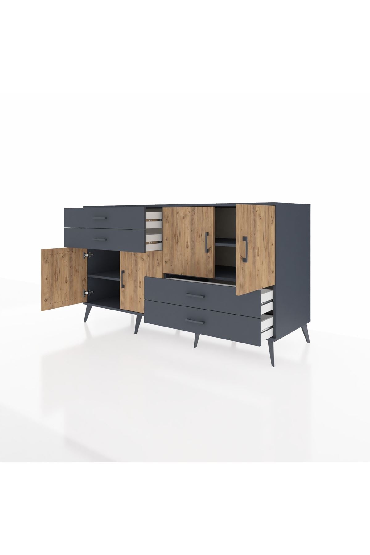 Kronos Konsol 3 Raflı 4 Çekmeceli 4 Kapaklı 176x59x99 Antrasit-Çam/Antrasit