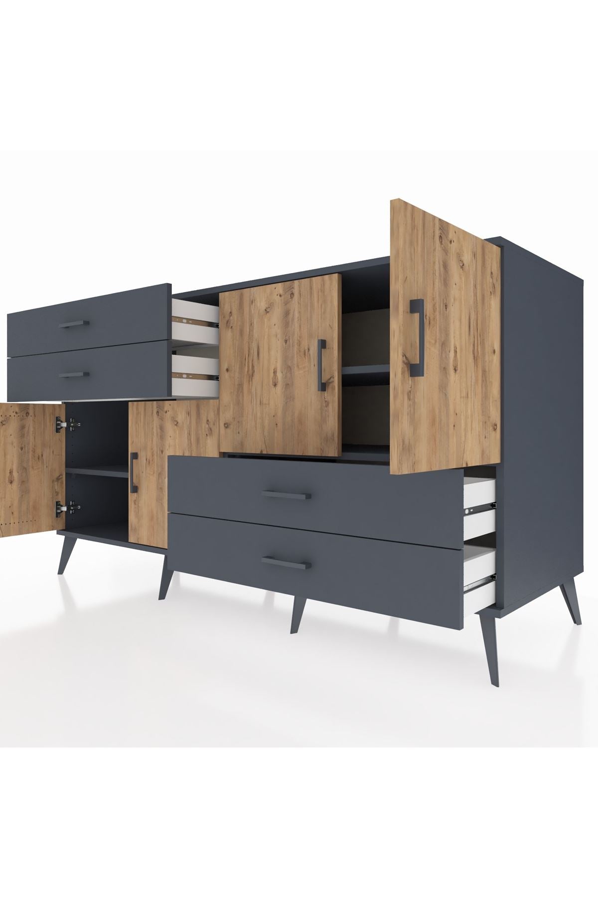 Kronos Konsol 3 Raflı 4 Çekmeceli 4 Kapaklı 176x59x99 Antrasit-Çam/Antrasit