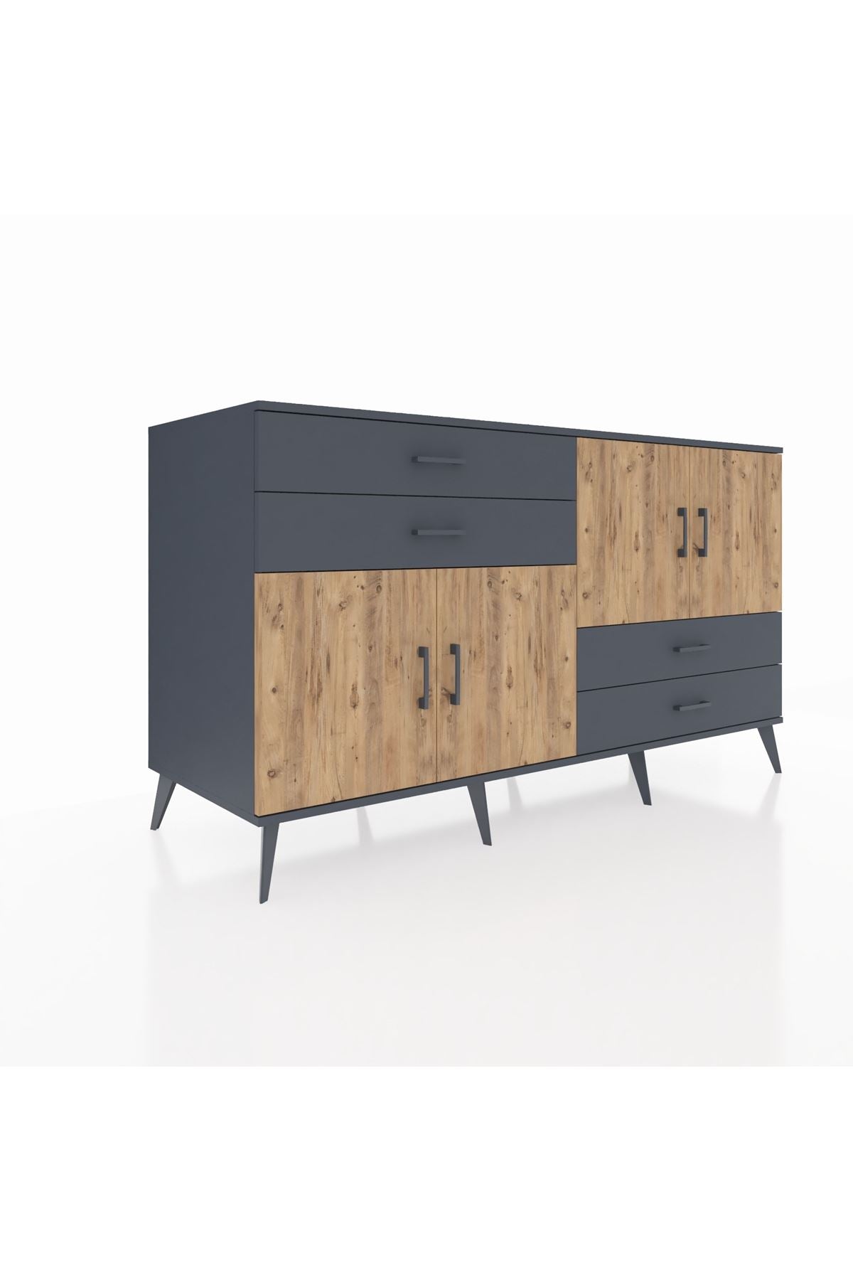 Kronos Konsol 3 Raflı 4 Çekmeceli 4 Kapaklı 176x59x99 Antrasit-Çam/Antrasit