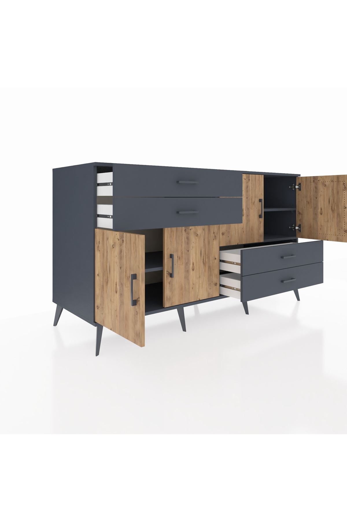 Kronos Konsol 3 Raflı 4 Çekmeceli 4 Kapaklı 176x59x99 Antrasit-Çam/Antrasit