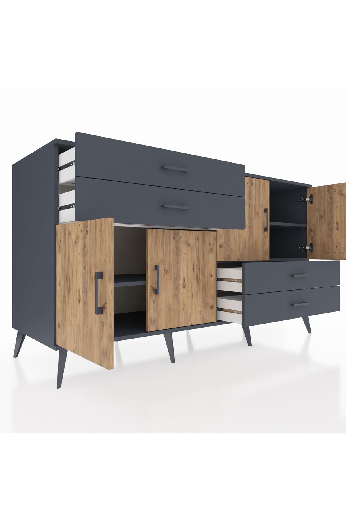 Kronos Konsol 3 Raflı 4 Çekmeceli 4 Kapaklı 176x59x99 Antrasit-Çam/Antrasit