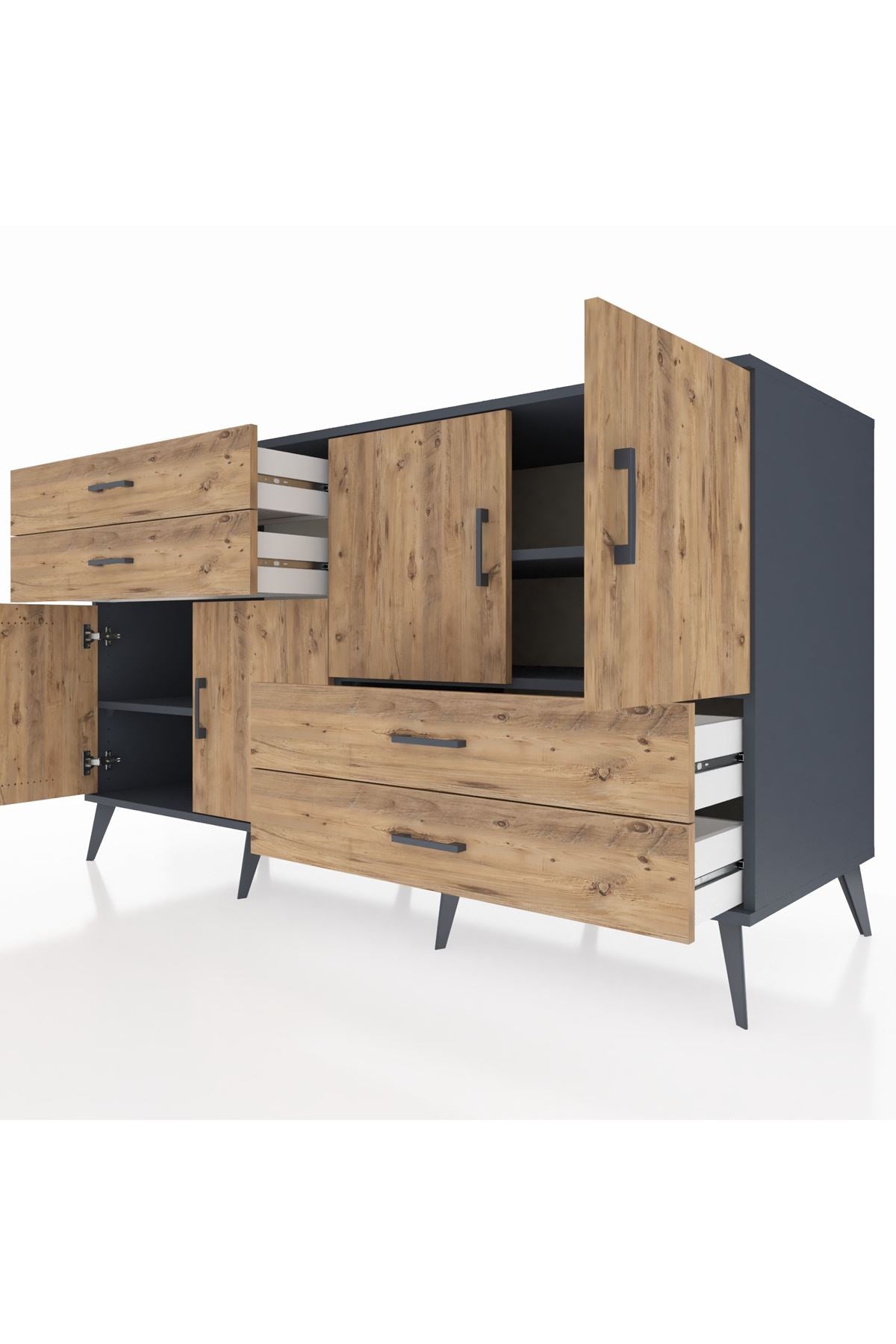 Kronos Konsol 3 Raflı 4 Çekmeceli 4 Kapaklı 176x59x99 Antrasit-Çam