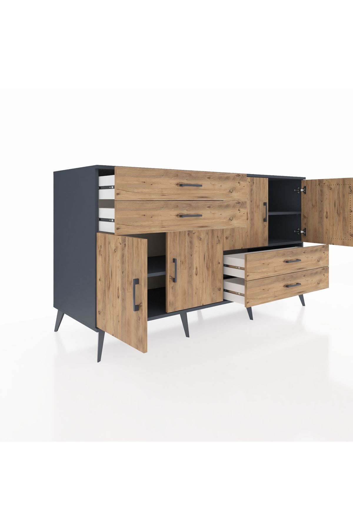 Kronos Konsol 3 Raflı 4 Çekmeceli 4 Kapaklı 176x59x99 Antrasit-Çam