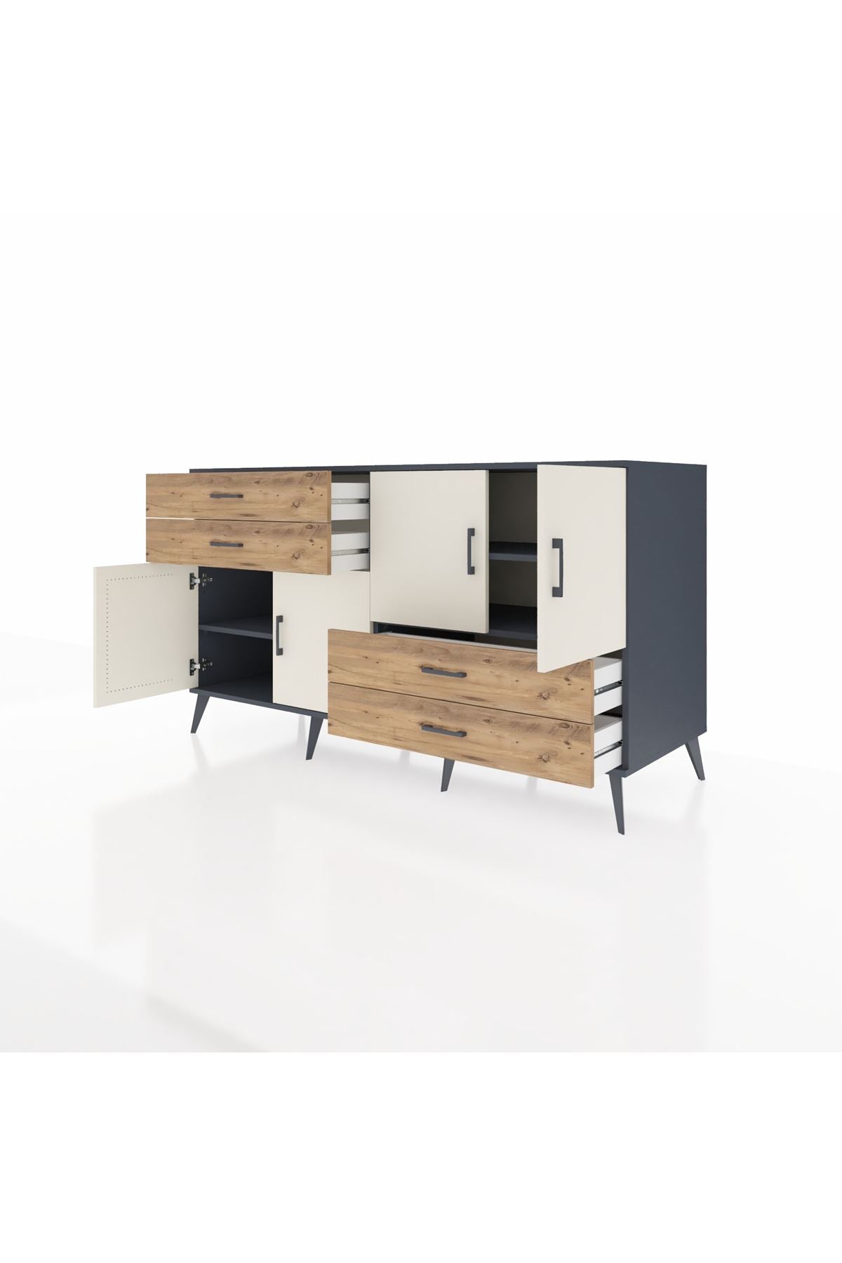 Kronos Konsol 3 Raflı 4 Çekmeceli 4 Kapaklı 176x59x99 Antrasit-Aytaşı/Çam