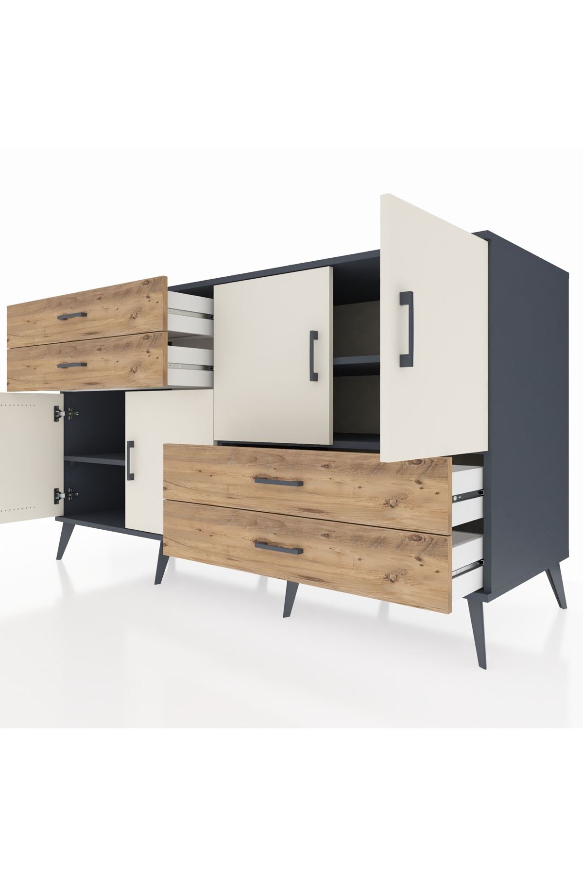 Kronos Konsol 3 Raflı 4 Çekmeceli 4 Kapaklı 176x59x99 Antrasit-Aytaşı/Çam