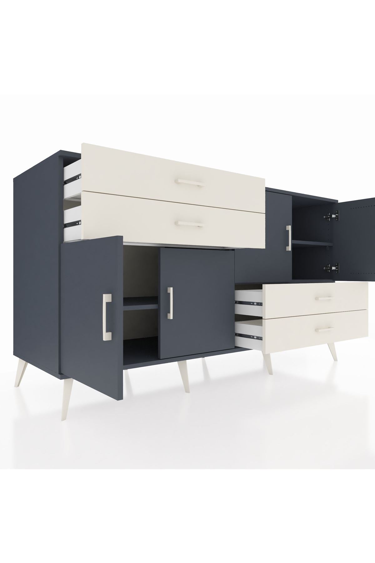 Kronos Konsol 3 Raflı 4 Çekmeceli 4 Kapaklı 176x59x99 Antrasit-Antrasit/Aytaşı