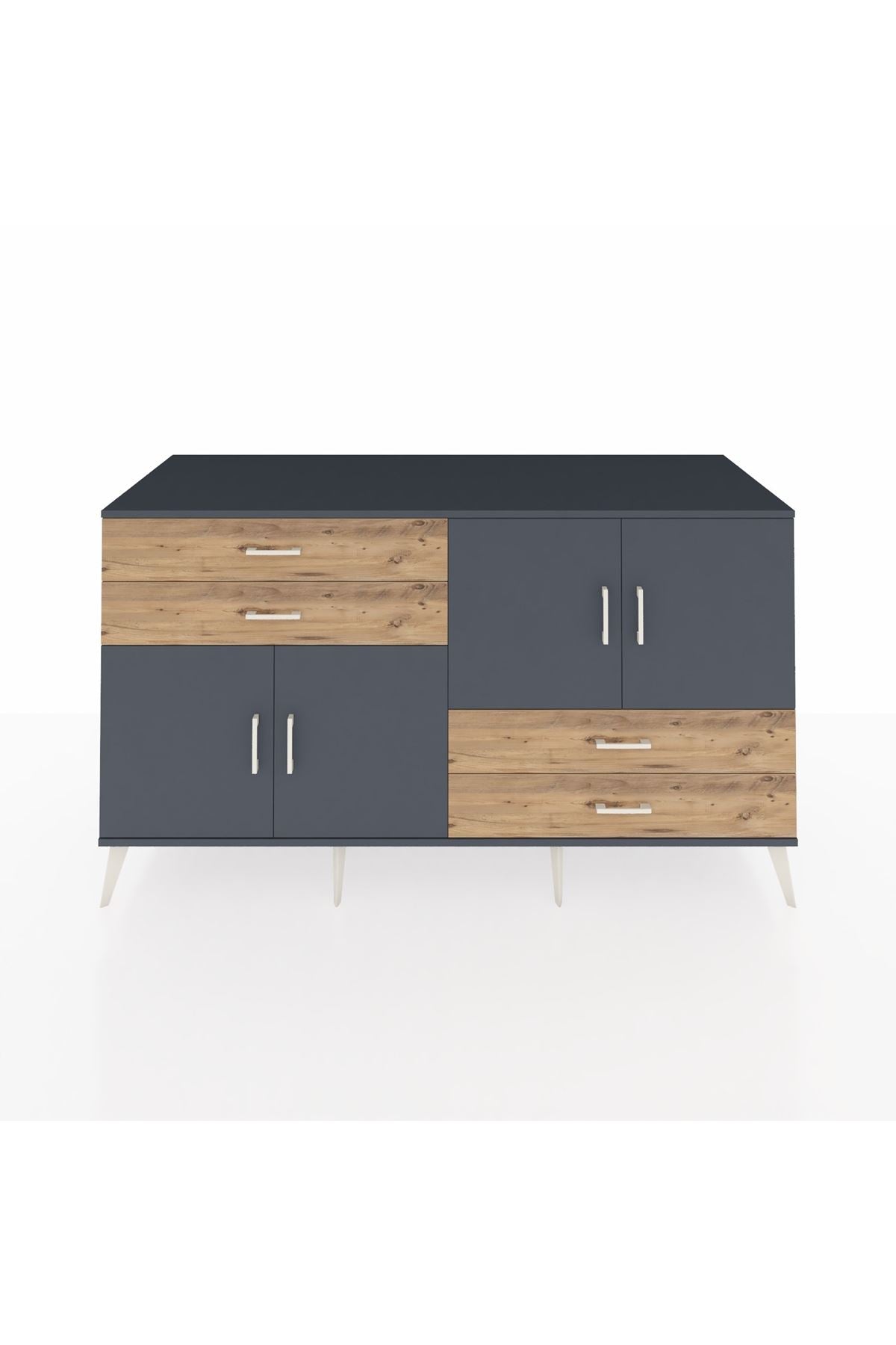 Kronos Konsol 3 Raflı 4 Çekmeceli 4 Kapaklı 176x59x99 Antrasit-Antrasit/Çam