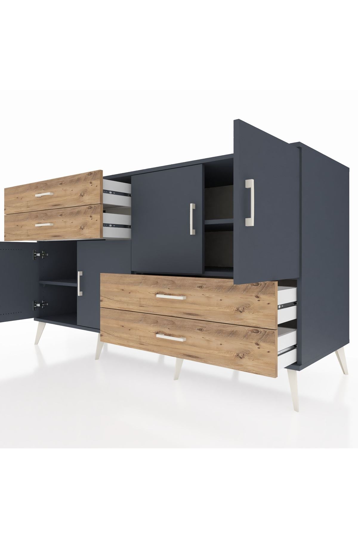 Kronos Konsol 3 Raflı 4 Çekmeceli 4 Kapaklı 176x59x99 Antrasit-Antrasit/Çam