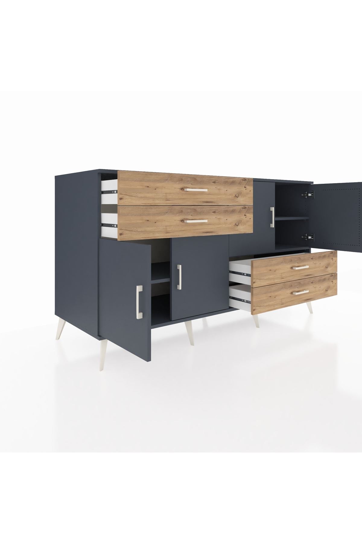 Kronos Konsol 3 Raflı 4 Çekmeceli 4 Kapaklı 176x59x99 Antrasit-Antrasit/Çam