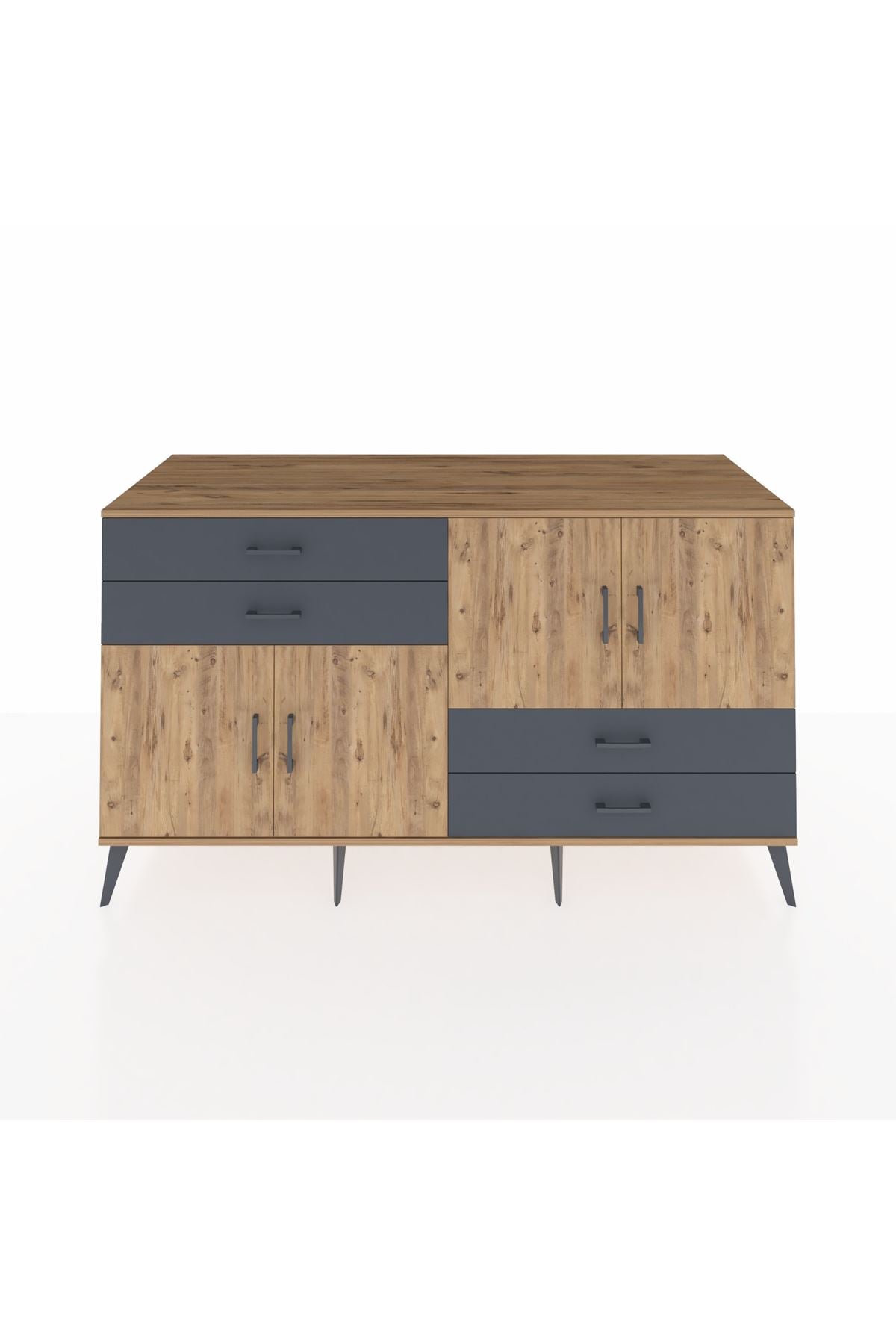 Kronos Konsol 3 Raflı 4 Çekmeceli 4 Kapaklı 176x59x99 Çam-Çam/Antrasit