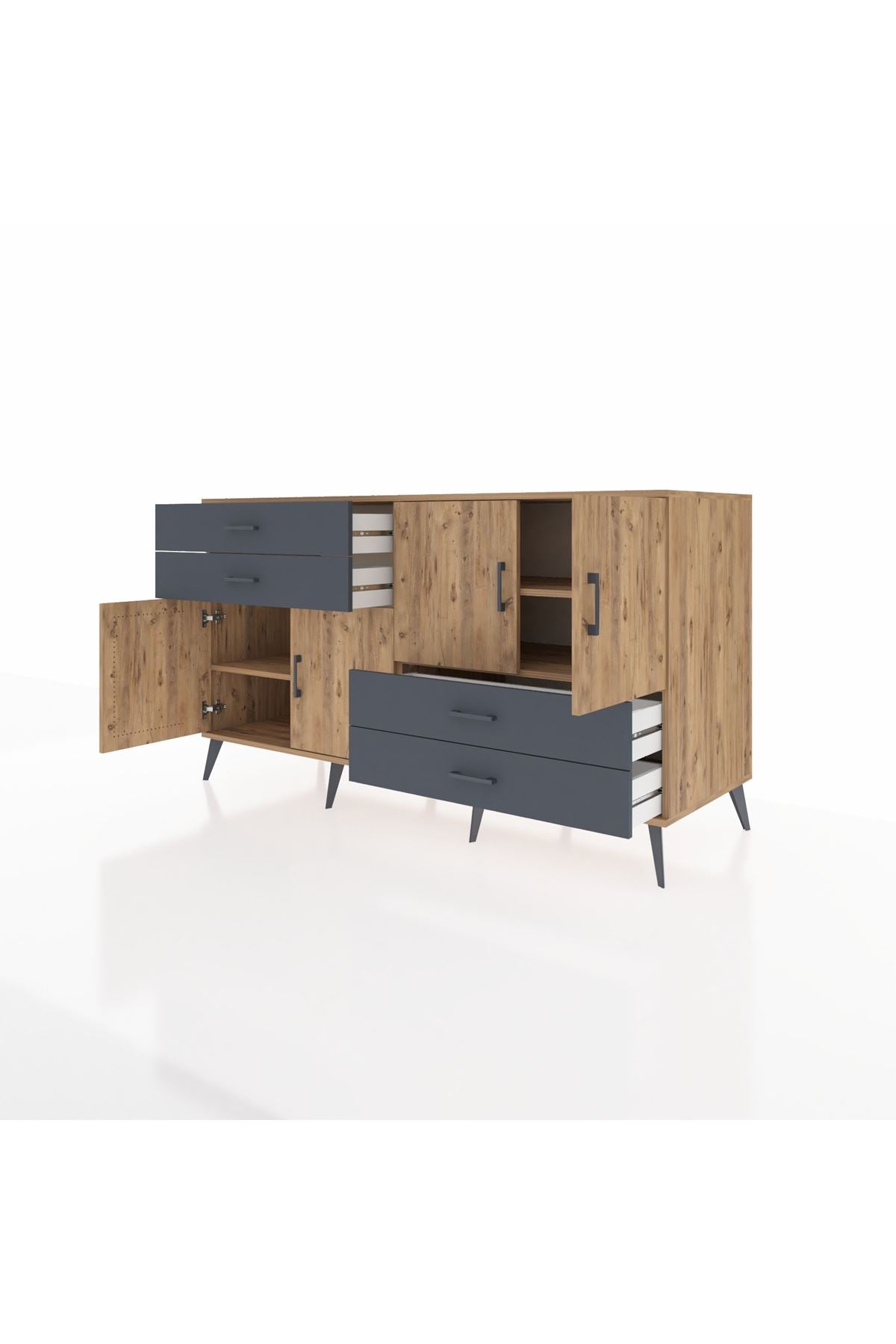 Kronos Konsol 3 Raflı 4 Çekmeceli 4 Kapaklı 176x59x99 Çam-Çam/Antrasit