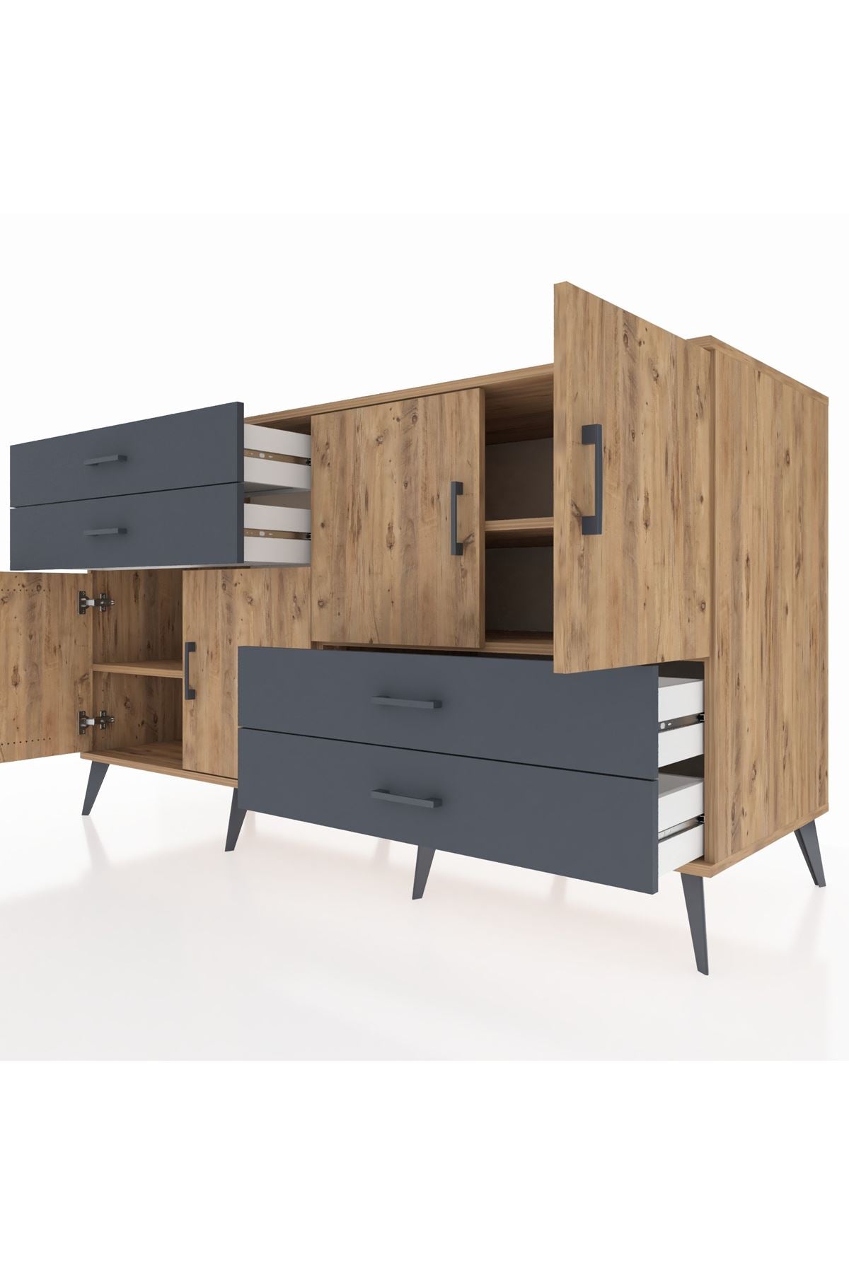 Kronos Konsol 3 Raflı 4 Çekmeceli 4 Kapaklı 176x59x99 Çam-Çam/Antrasit