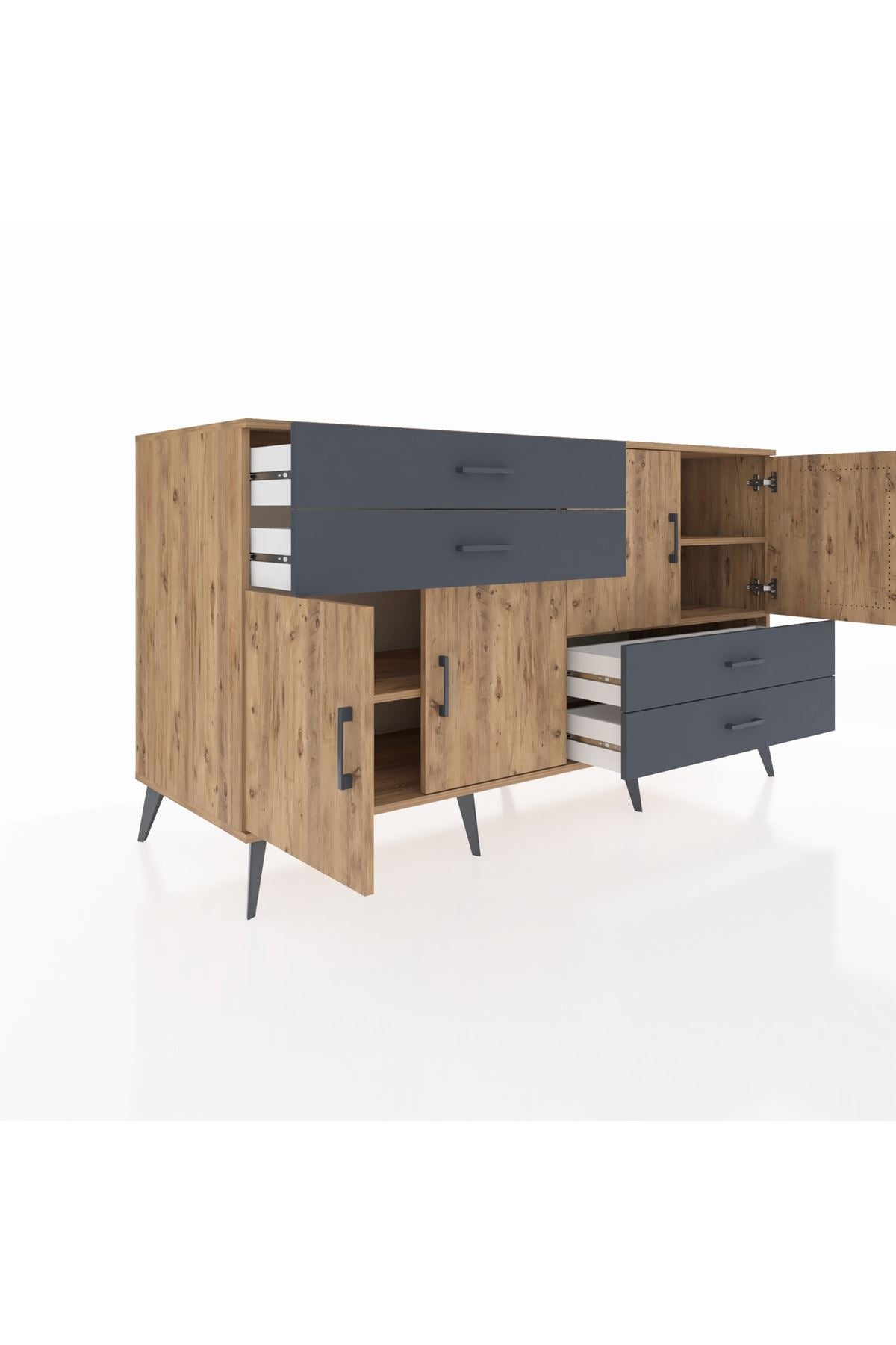 Kronos Konsol 3 Raflı 4 Çekmeceli 4 Kapaklı 176x59x99 Çam-Çam/Antrasit