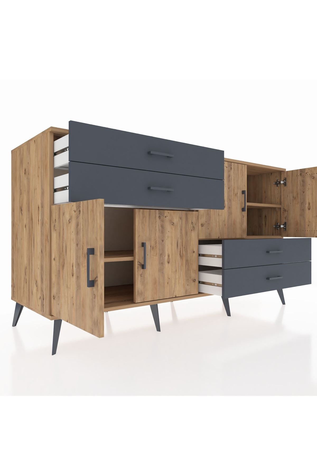 Kronos Konsol 3 Raflı 4 Çekmeceli 4 Kapaklı 176x59x99 Çam-Çam/Antrasit