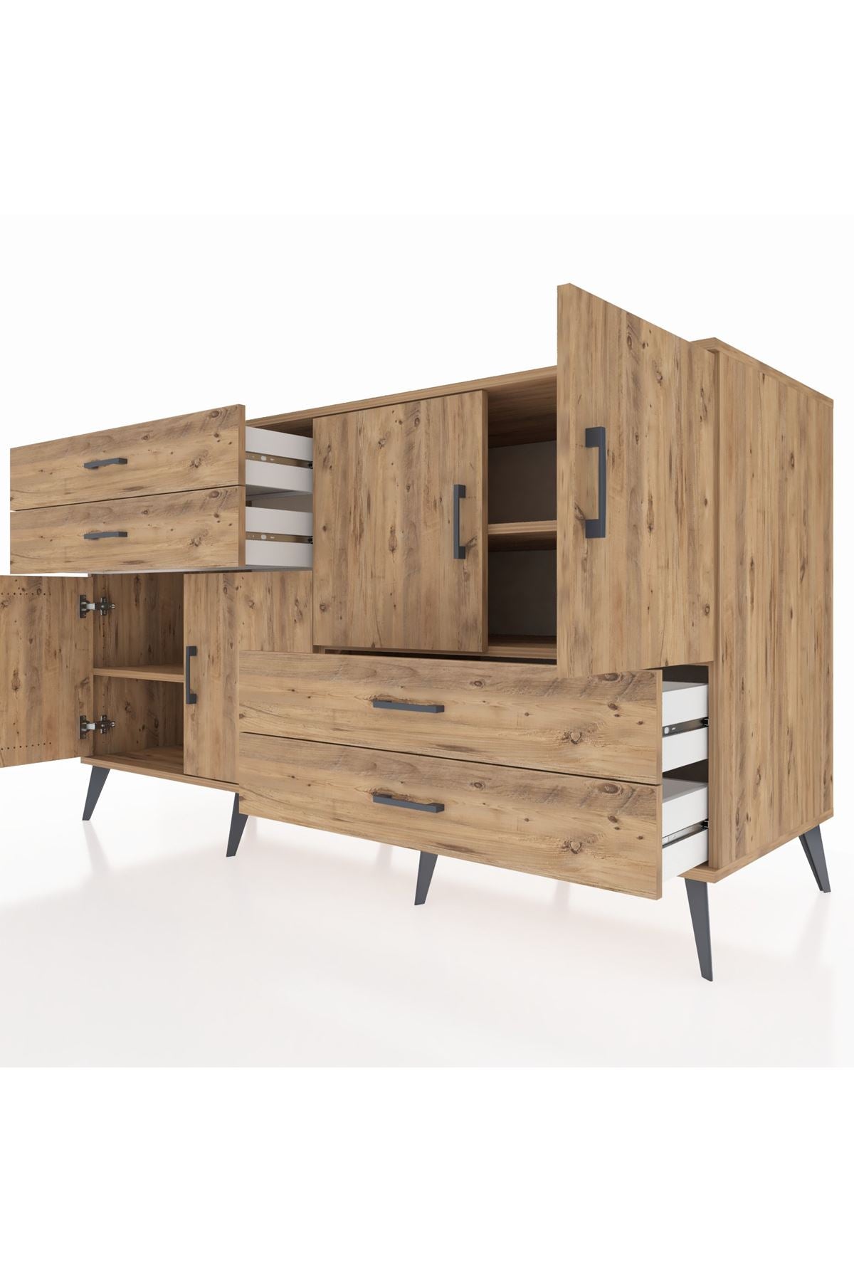 Kronos Konsol 3 Raflı 4 Çekmeceli 4 Kapaklı 176x59x99 Çam-Çam