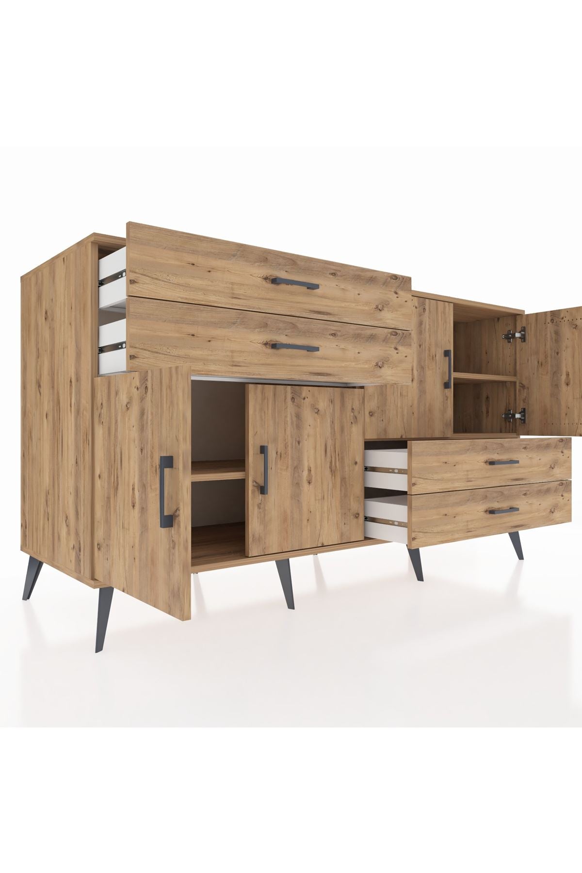 Kronos Konsol 3 Raflı 4 Çekmeceli 4 Kapaklı 176x59x99 Çam-Çam