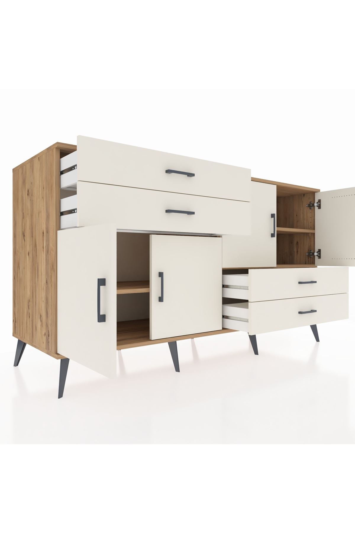 Kronos Konsol 3 Raflı 4 Çekmeceli 4 Kapaklı 176x59x99 Çam-Aytaşı