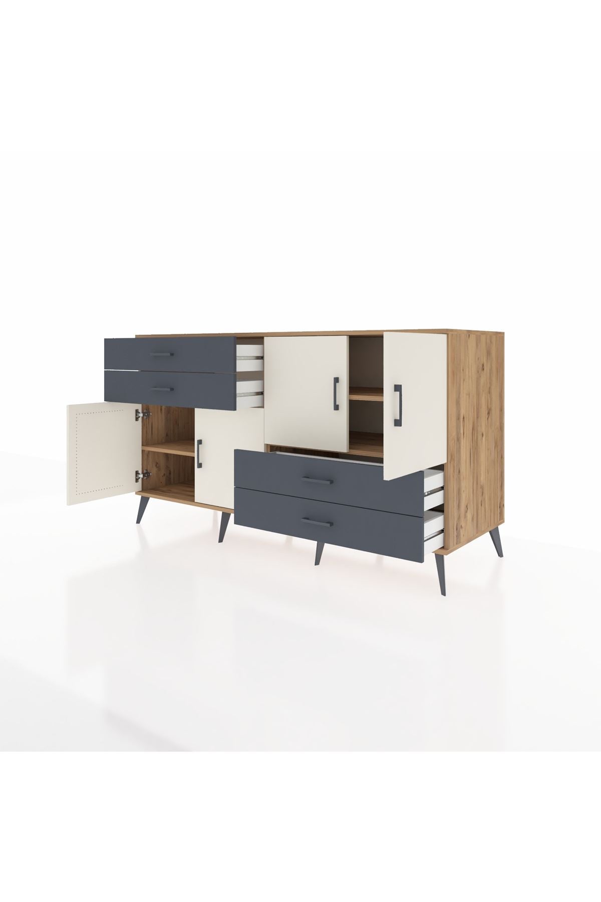 Kronos Konsol 3 Raflı 4 Çekmeceli 4 Kapaklı 176x59x99 Çam-Aytaşı/Antrasit