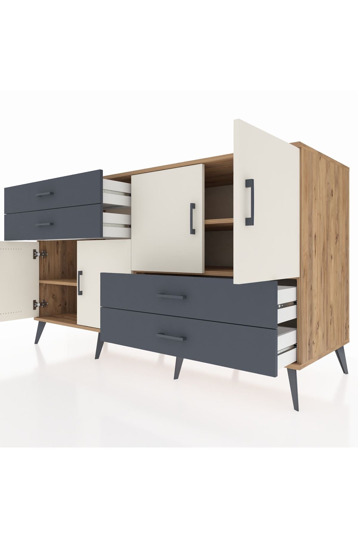 Kronos Konsol 3 Raflı 4 Çekmeceli 4 Kapaklı 176x59x99 Çam-Aytaşı/Antrasit