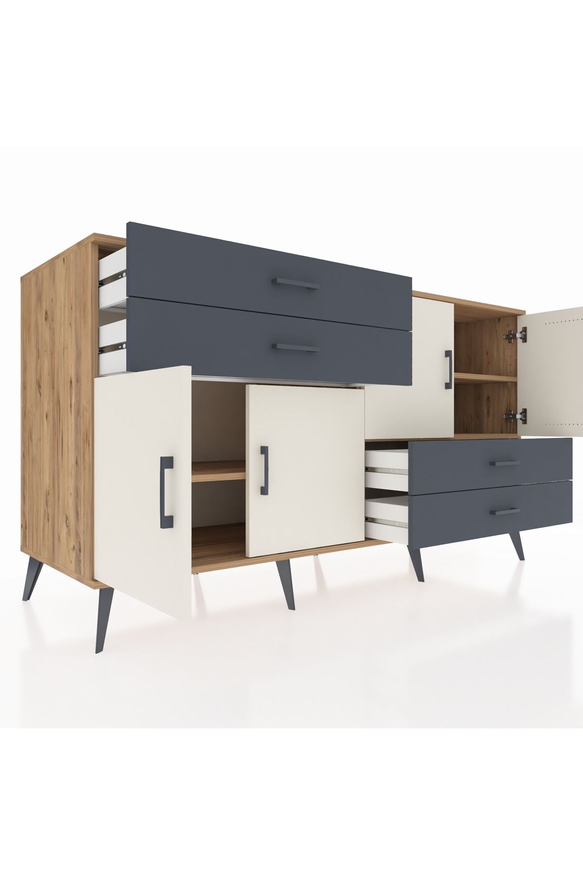 Kronos Konsol 3 Raflı 4 Çekmeceli 4 Kapaklı 176x59x99 Çam-Aytaşı/Antrasit