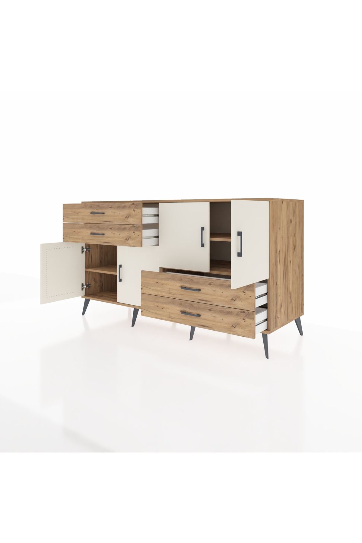 Kronos Konsol 3 Raflı 4 Çekmeceli 4 Kapaklı 176x59x99 Çam-Aytaşı/Çam