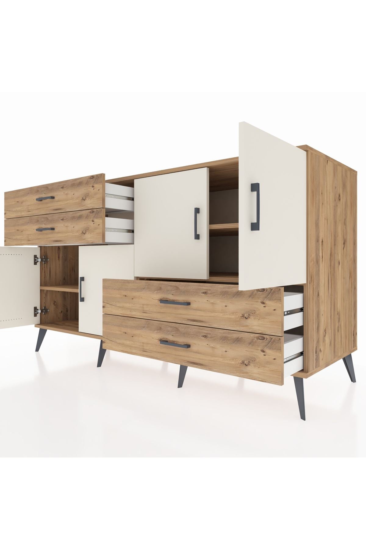 Kronos Konsol 3 Raflı 4 Çekmeceli 4 Kapaklı 176x59x99 Çam-Aytaşı/Çam