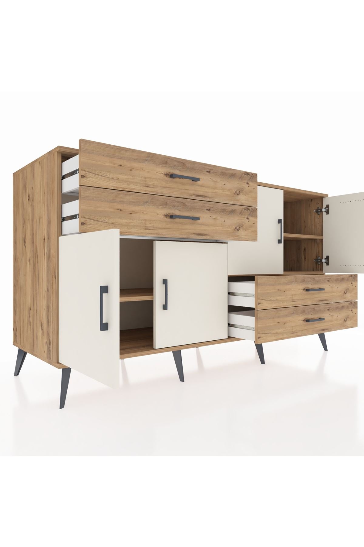 Kronos Konsol 3 Raflı 4 Çekmeceli 4 Kapaklı 176x59x99 Çam-Aytaşı/Çam