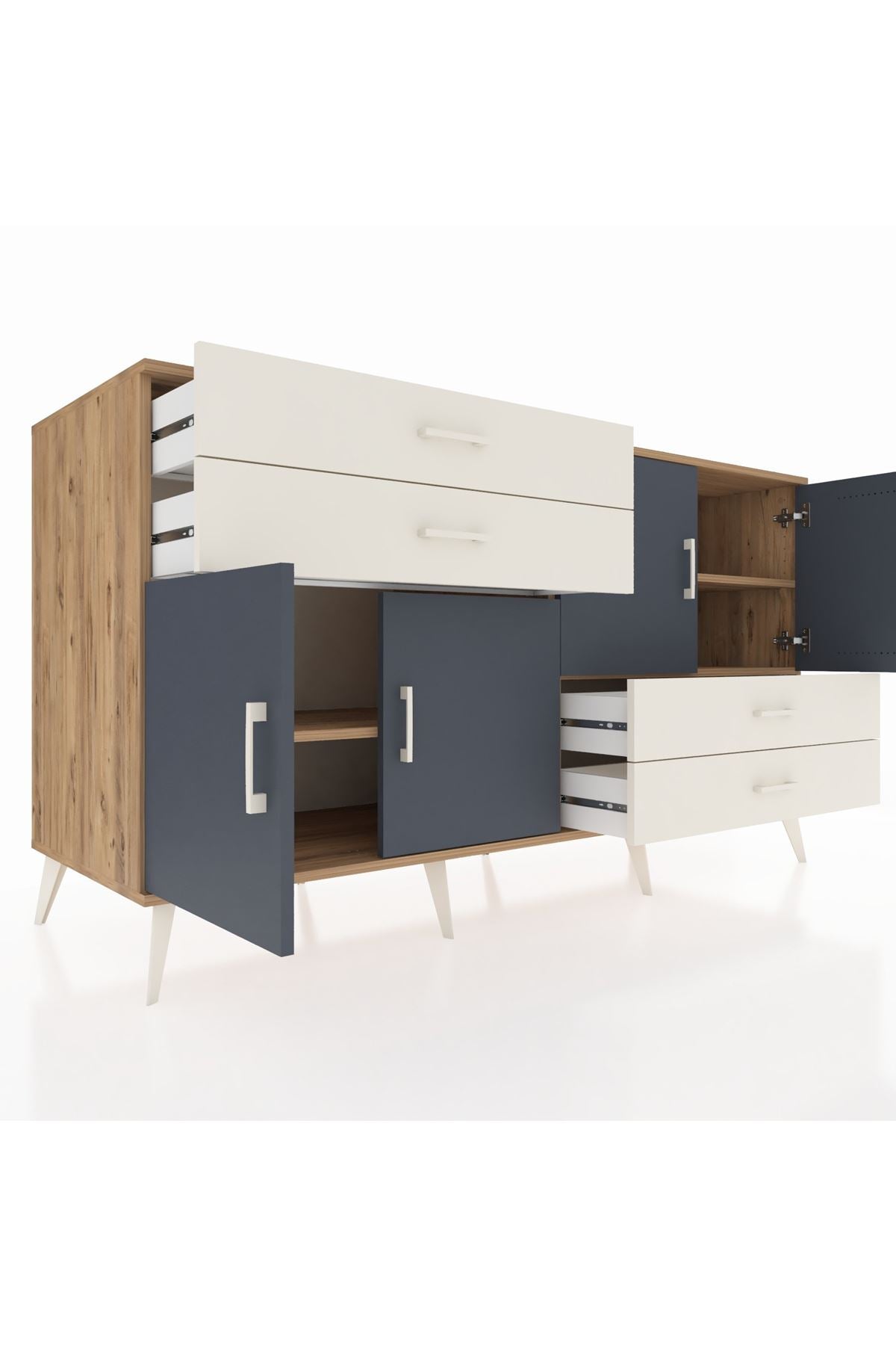 Kronos Konsol 3 Raflı 4 Çekmeceli 4 Kapaklı 176x59x99 Çam-Antrasit/Aytaşı