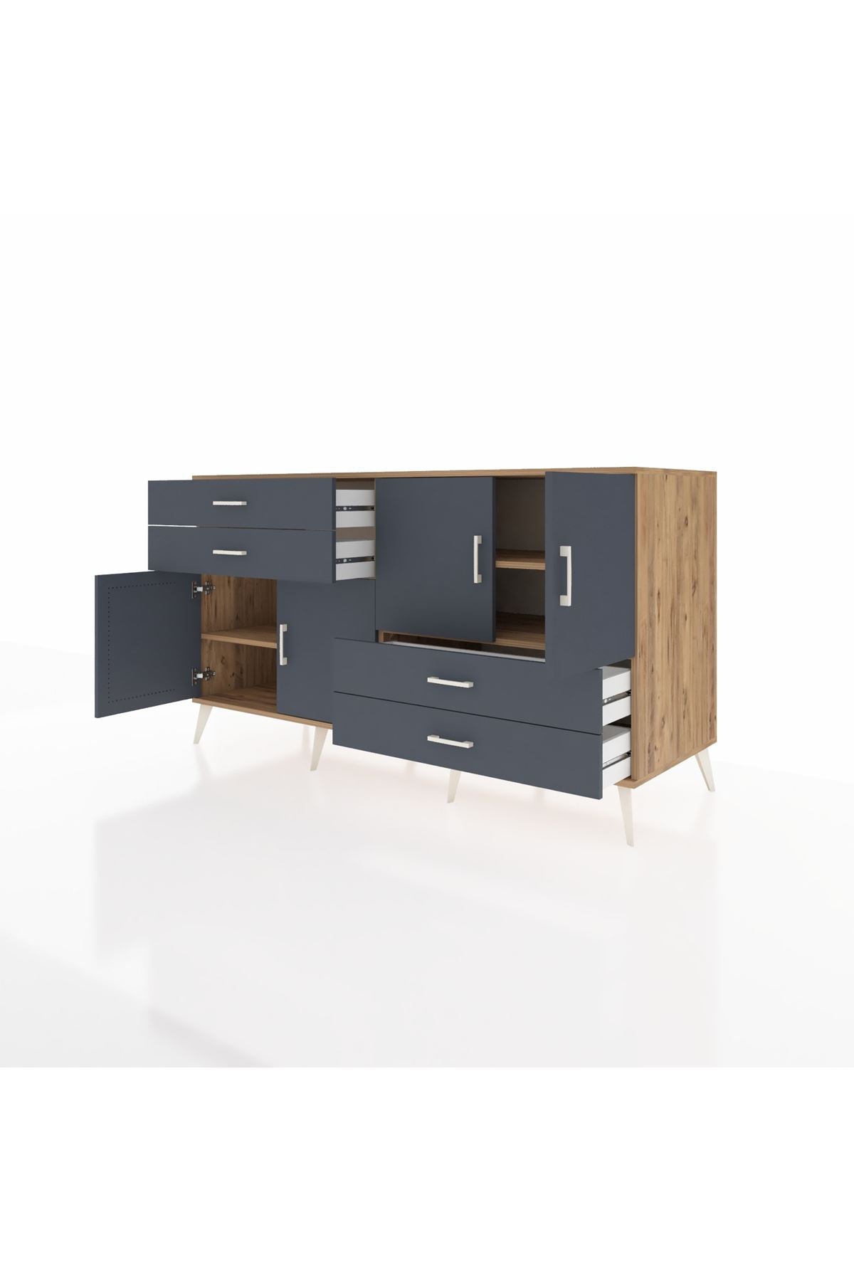 Kronos Konsol 3 Raflı 4 Çekmeceli 4 Kapaklı 176x59x99 Çam-Antrasit