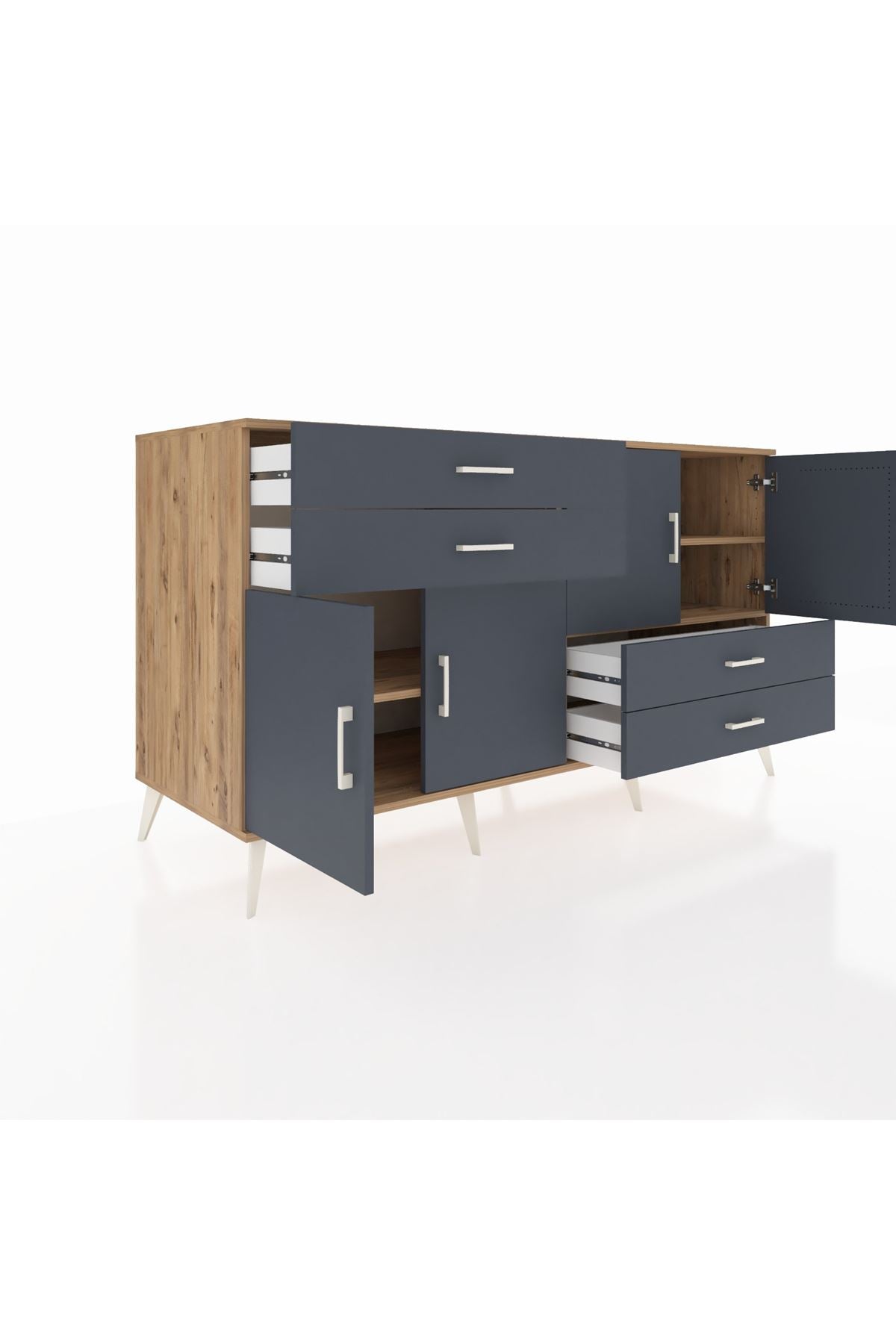 Kronos Konsol 3 Raflı 4 Çekmeceli 4 Kapaklı 176x59x99 Çam-Antrasit