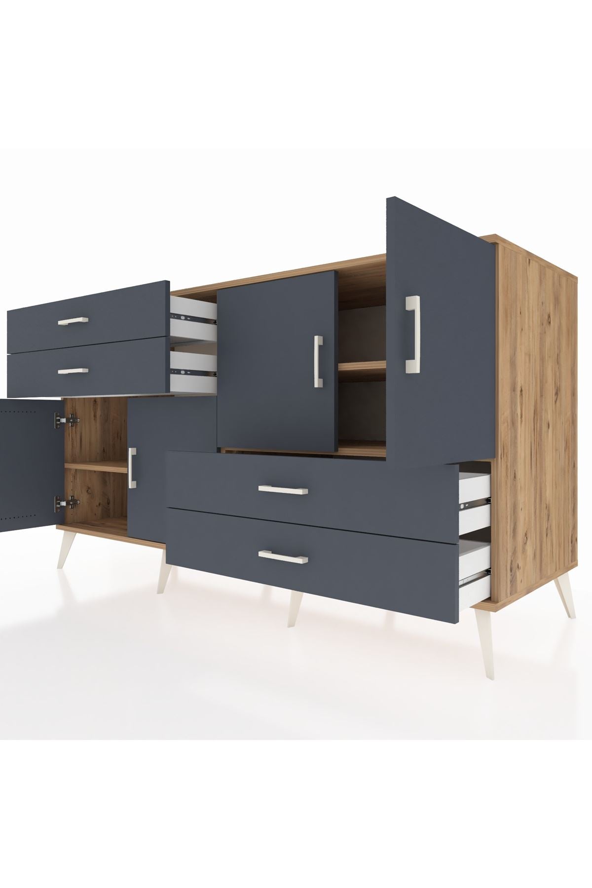 Kronos Konsol 3 Raflı 4 Çekmeceli 4 Kapaklı 176x59x99 Çam-Antrasit