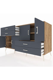 Kronos Konsol 3 Raflı 4 Çekmeceli 4 Kapaklı 176x59x99 Çam-Antrasit