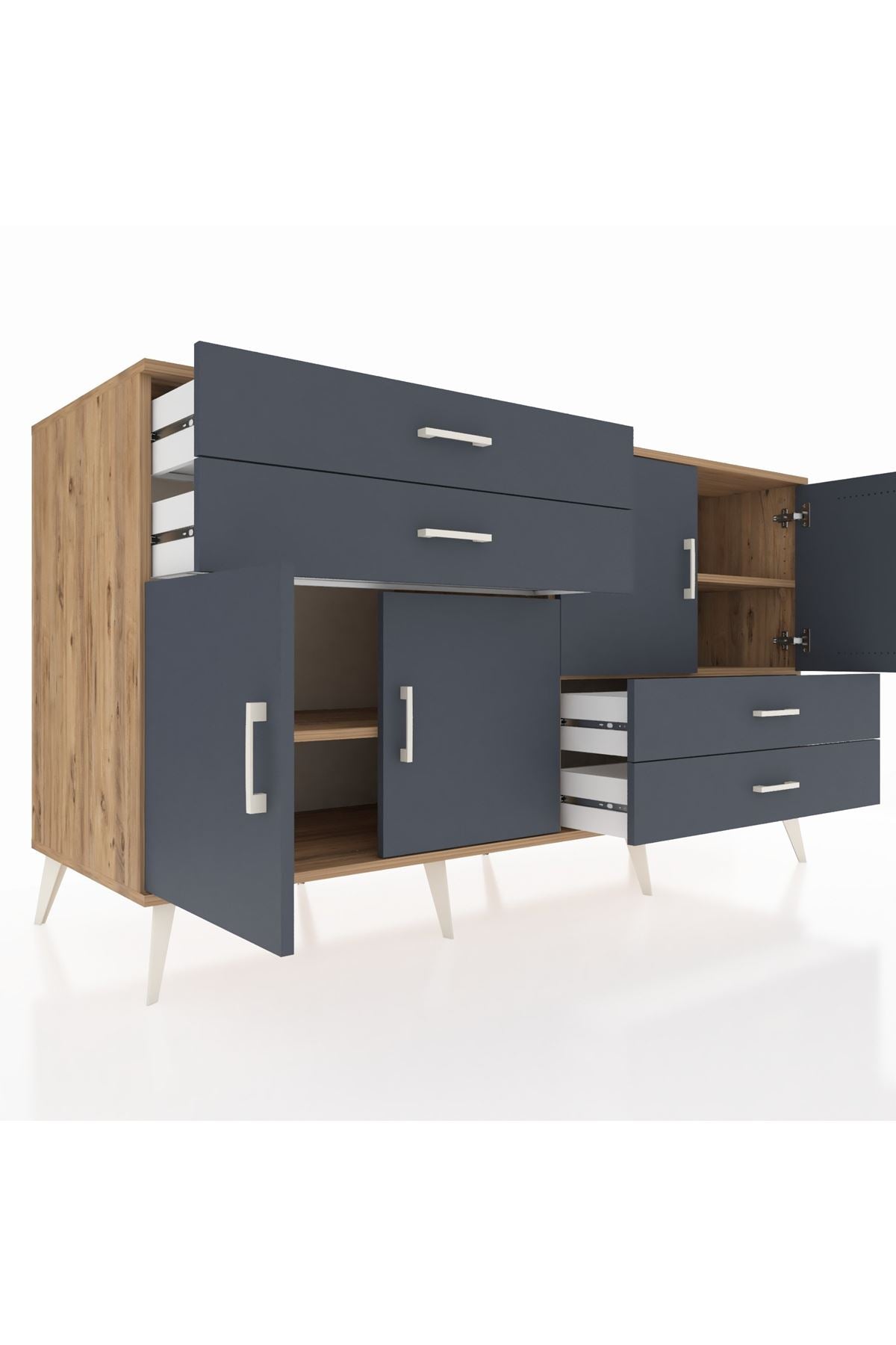 Kronos Konsol 3 Raflı 4 Çekmeceli 4 Kapaklı 176x59x99 Çam-Antrasit