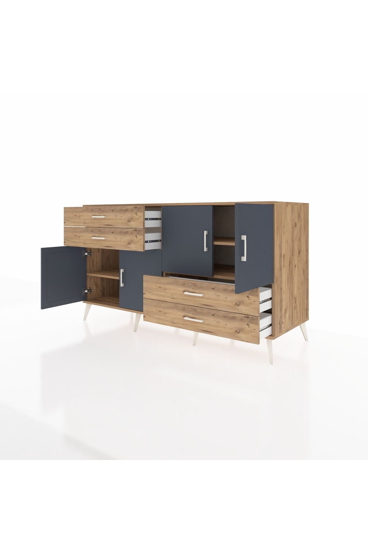 Kronos Konsol 3 Raflı 4 Çekmeceli 4 Kapaklı 176x59x99 Çam-Antrasit/Çam