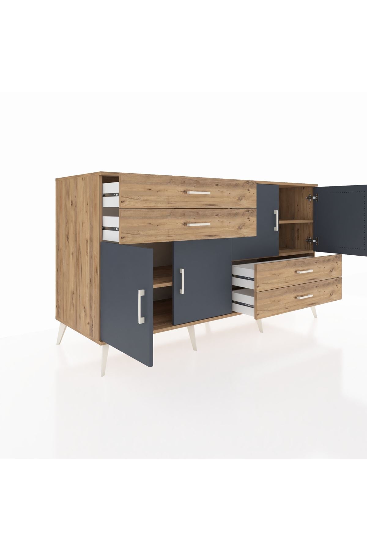 Kronos Konsol 3 Raflı 4 Çekmeceli 4 Kapaklı 176x59x99 Çam-Antrasit/Çam