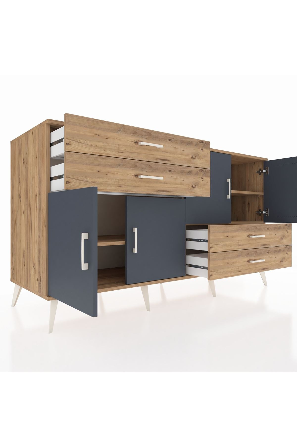 Kronos Konsol 3 Raflı 4 Çekmeceli 4 Kapaklı 176x59x99 Çam-Antrasit/Çam