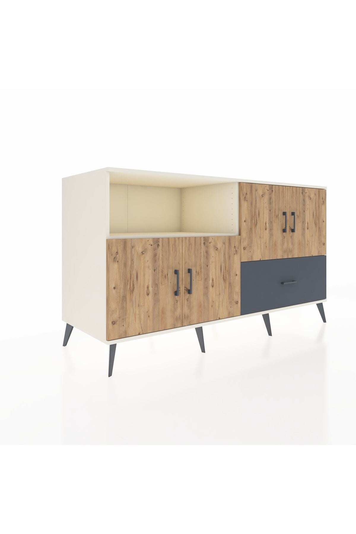 Kronos Konsol 4 Raflı Tek Çekmeceli 4 Kapaklı 176x59x99 Aytaşı-Çam/Antrasit