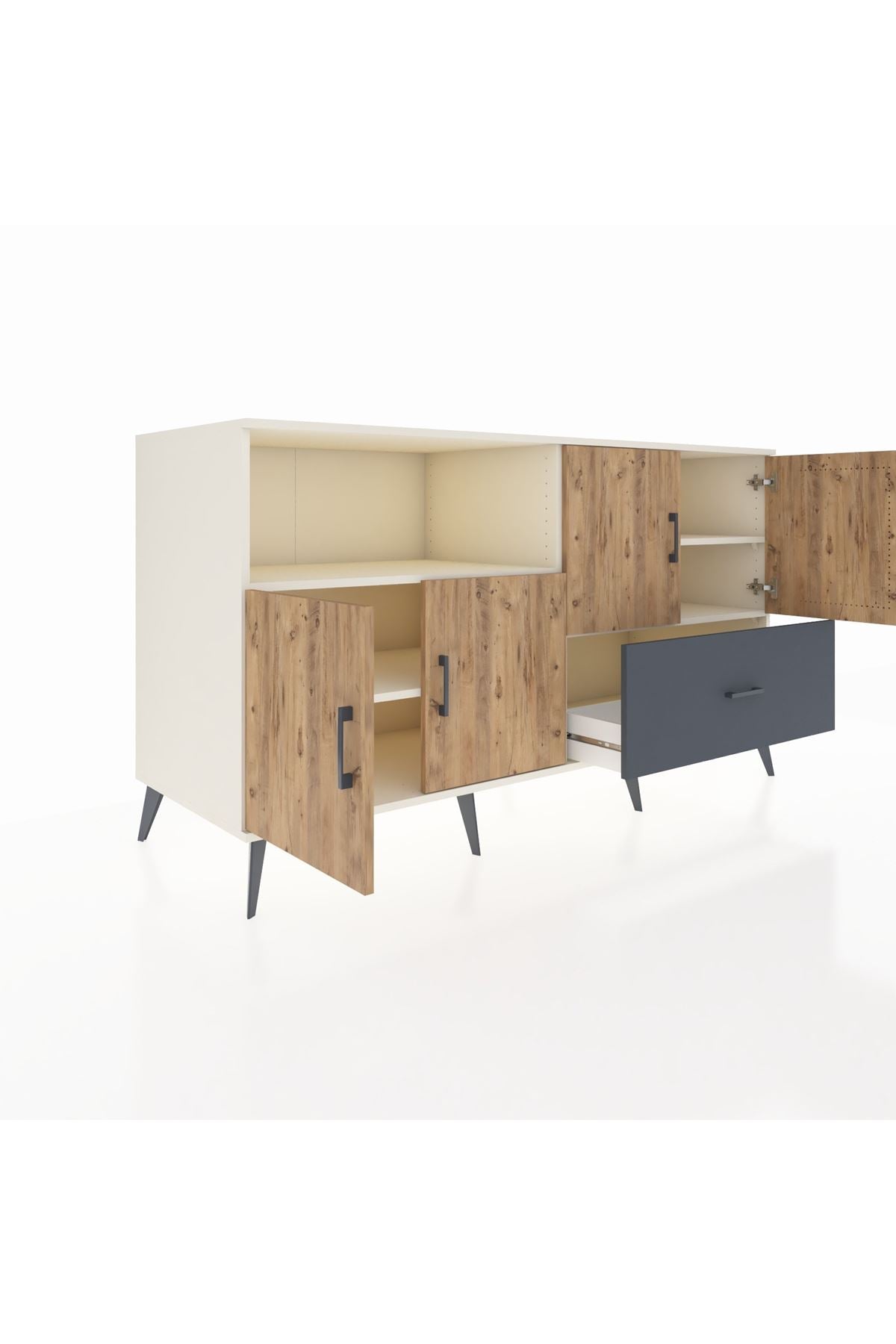 Kronos Konsol 4 Raflı Tek Çekmeceli 4 Kapaklı 176x59x99 Aytaşı-Çam/Antrasit