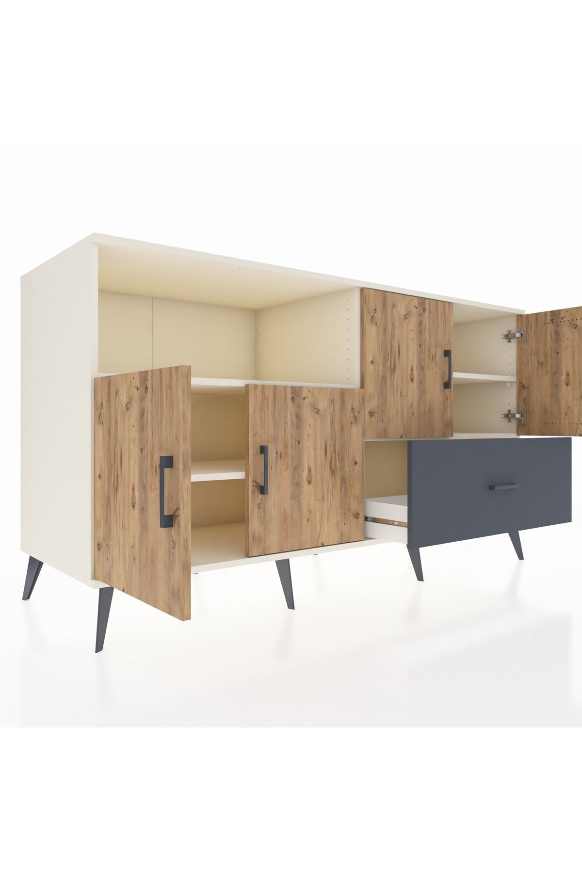 Kronos Konsol 4 Raflı Tek Çekmeceli 4 Kapaklı 176x59x99 Aytaşı-Çam/Antrasit