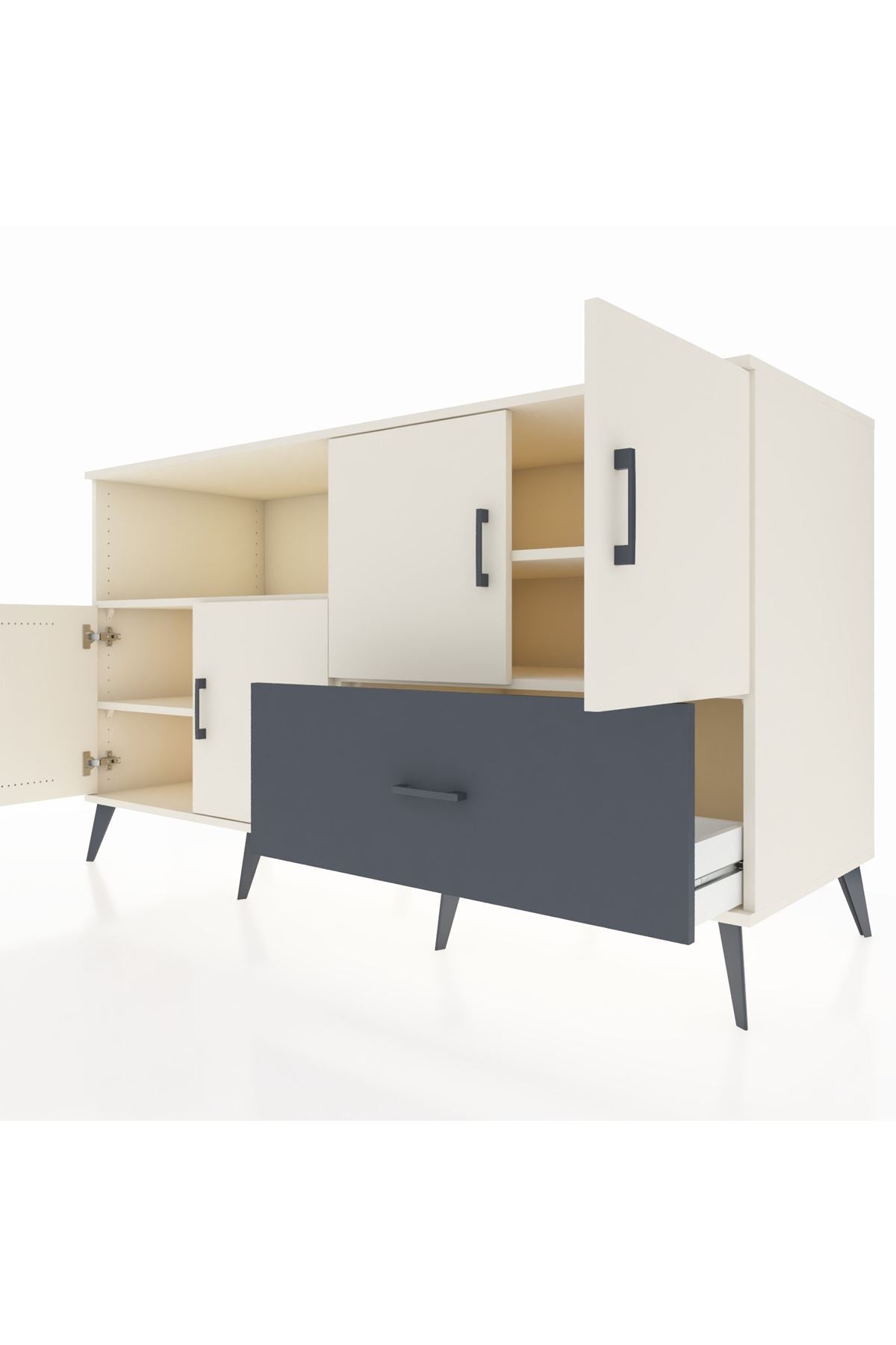 Kronos Konsol 4 Raflı Tek Çekmeceli 4 Kapaklı 176x59x99 Aytaşı-Aytaşı/Antrasit