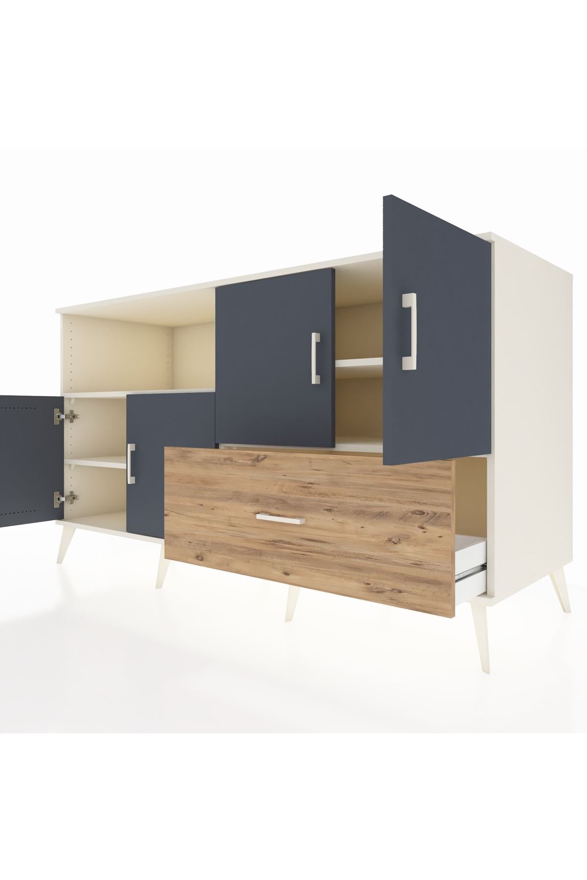 Kronos Konsol 4 Raflı Tek Çekmeceli 4 Kapaklı 176x59x99 Aytaşı-Antrasit/Çam